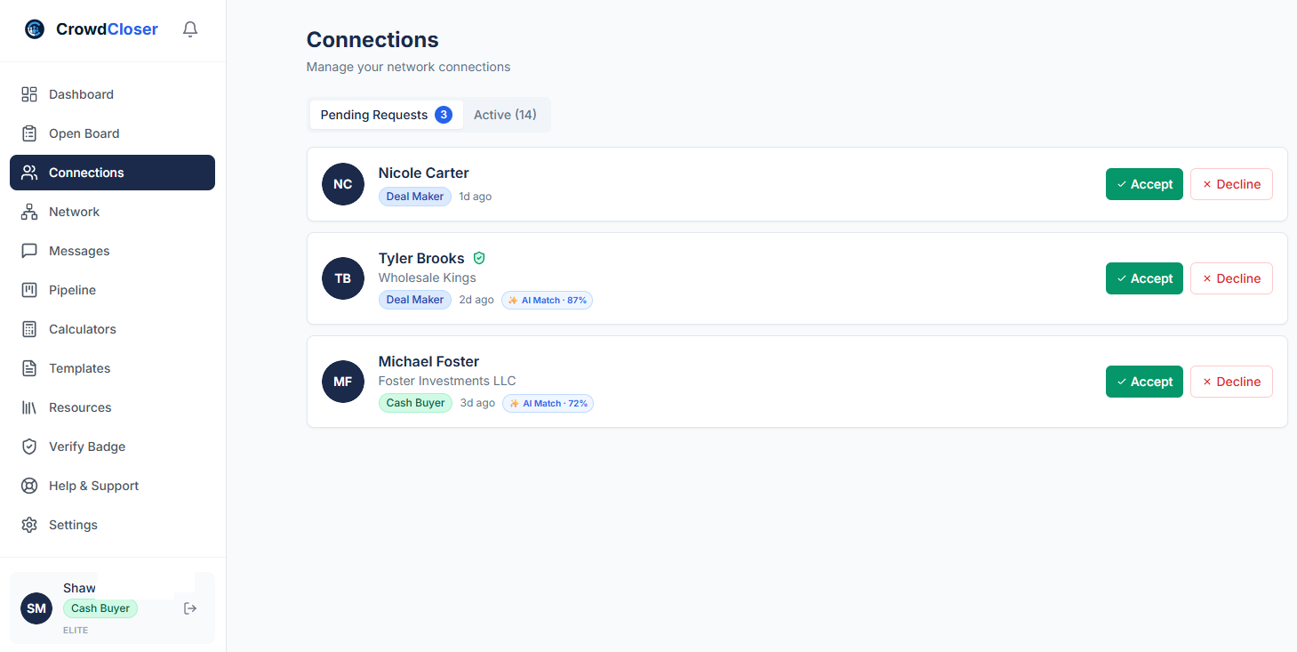 CrowdCloser Connection Requests — inbound buyer matches